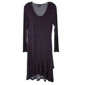 Sabie Womens Midi Dress Small Navy Red Polka Dot Uneven Ruffle Long Sleeve Fairy